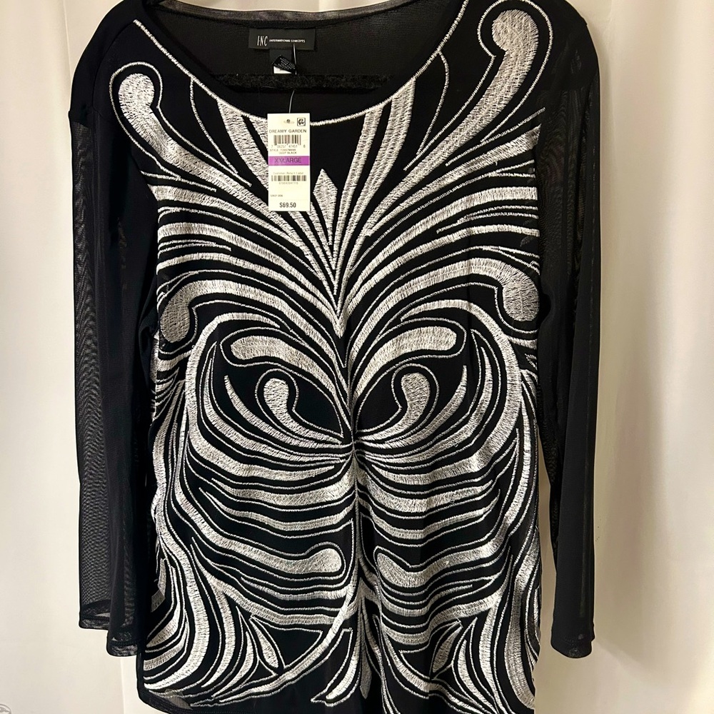 INC International Concepts black nylon tunic with white embroidered pattern. XXL